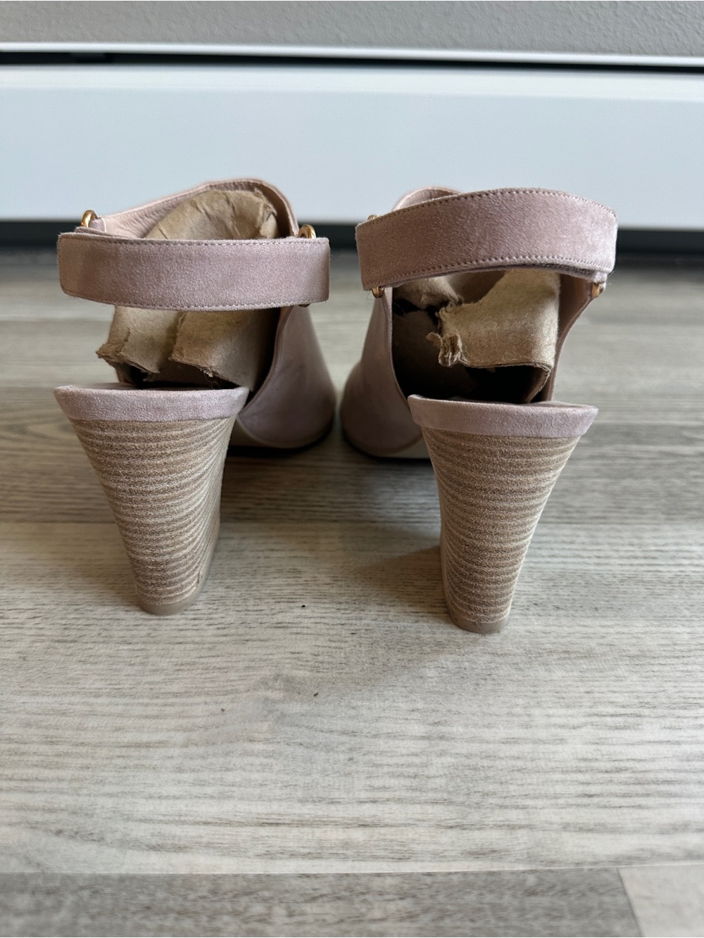 Stuart Weitzman Blush Suede Peep Toe Block Heeled Sandals 8.5 - Picture 3 of 14
